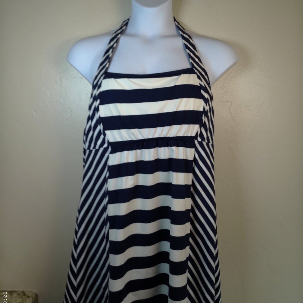 Navy White Striped Halter Swimdress & Briefs Set